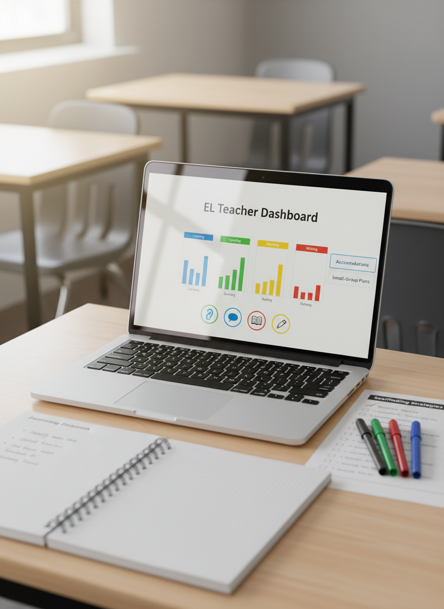 A close-up of a laptop on a clean school desk, its screen displaying a well-organized EL teacher dashboard with color-coded progress charts, simple icons for listening, speaking, reading, and writing, and clearly labeled tabs for accommodations and small-group plans. Around the laptop, a spiral-bound notebook open to hand-written language objectives, a set of fine-tipped pens, and a printed checklist of scaffolding strategies are neatly arranged. Soft, diffused daylight from a nearby window illuminates the scene, creating subtle reflections on the laptop screen and a gentle highlight along the keyboard. Photographic realism with a slightly elevated, over-the-shoulder angle and shallow depth of field, keeping the screen and nearby materials crisp while the rest of the room fades into a soft blur, emphasizing focused, data-informed planning for English learners.