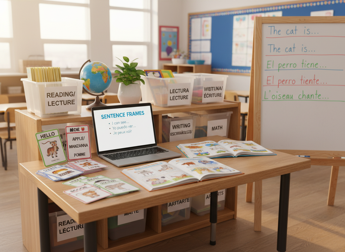 A neatly organized wooden teacher’s desk in a bright K–12 classroom, covered with colorful laminated vocabulary cards, open bilingual picture dictionaries, and a laptop displaying a simple language-learning slide. Around the desk, tidy bins labeled with clear, bold words in multiple languages sit on low shelves, beside a whiteboard filled with neatly handwritten sentence frames in different colors. Soft morning sunlight filters through large windows, casting gentle highlights on the glossy lamination and faint shadows across the floor. Photographic realism from an eye-level perspective, with a shallow depth of field that keeps the desk sharply in focus while the classroom background softly blurs, creating a professional, calm, and inviting atmosphere suited to an EL teacher resource hub.