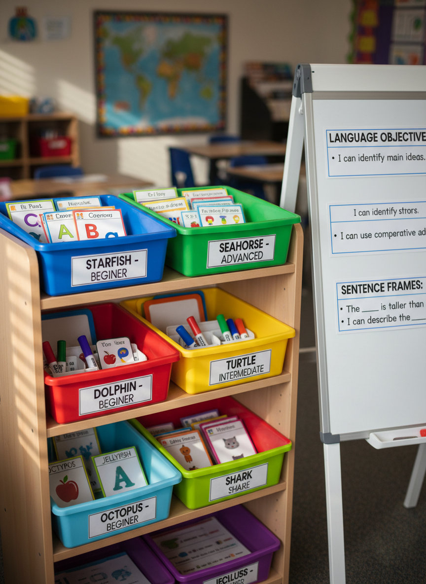 A tiered set of brightly labeled small-group instruction tubs arranged on a low shelf, each plastic bin a different color and clearly marked with group names and language levels. Peeking out of the open bins are laminated task cards, mini whiteboards, dry-erase markers, and simple picture-based vocabulary games. A nearby standing chart shows neatly printed language objectives and sentence frames on movable strips. Natural window light from the side creates soft highlights on the plastic and lamination, with gentle shadows falling behind the bins. Photographic realism in a slightly angled, eye-level composition, with moderate depth of field capturing the labels and textures clearly while allowing the classroom backdrop to blur subtly. The mood is efficient and optimistic, emphasizing organized structures that support differentiated instruction for English learners.