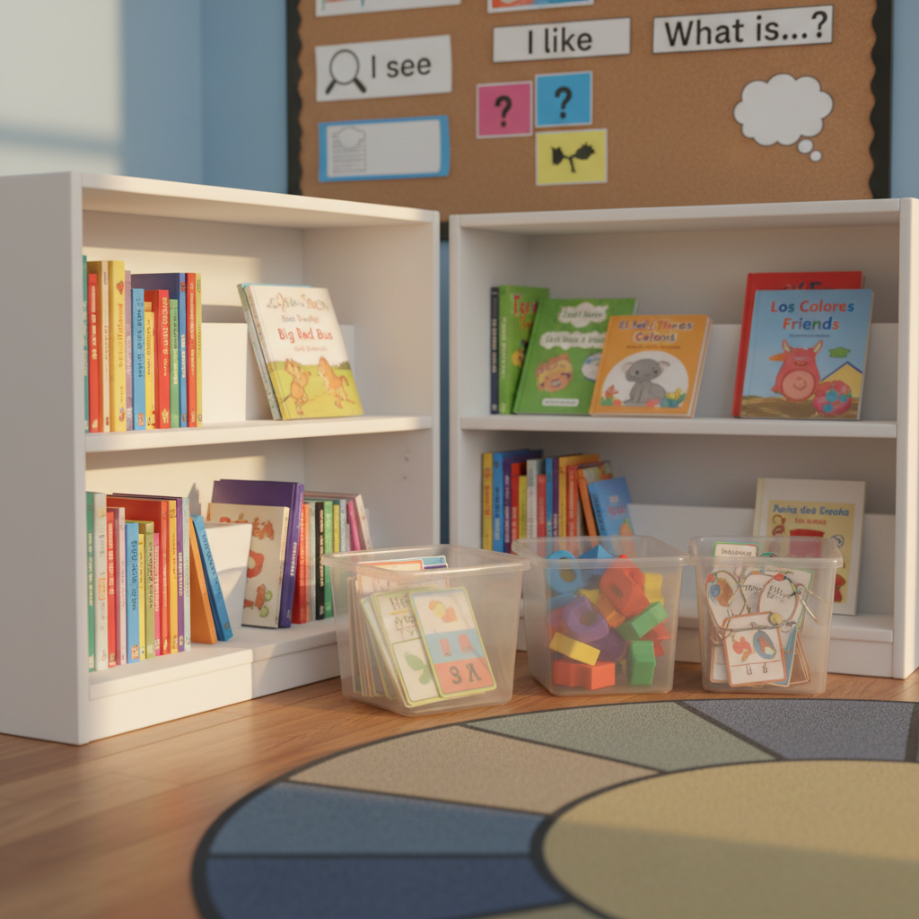 A brightly colored classroom reading corner featuring low, open bookshelves filled with carefully arranged leveled readers and bilingual children’s books, their spines showing clear, simple titles and small level labels. Beside the shelves, clear plastic bins hold picture cards, alphabet tiles, and labeled vocabulary rings. A large, inviting rug with subtle geometric patterns covers the floor, and a nearby bulletin board displays printed sentence stems and visual supports for comprehension. Soft afternoon light enters through an unseen window, bathing the corner in a warm, welcoming glow, with gentle shadows under the shelves. Photographic realism at a slightly low angle, with moderate depth of field that keeps the materials legible while softly blurring the far wall, creating a nurturing, literacy-rich environment for English learners.