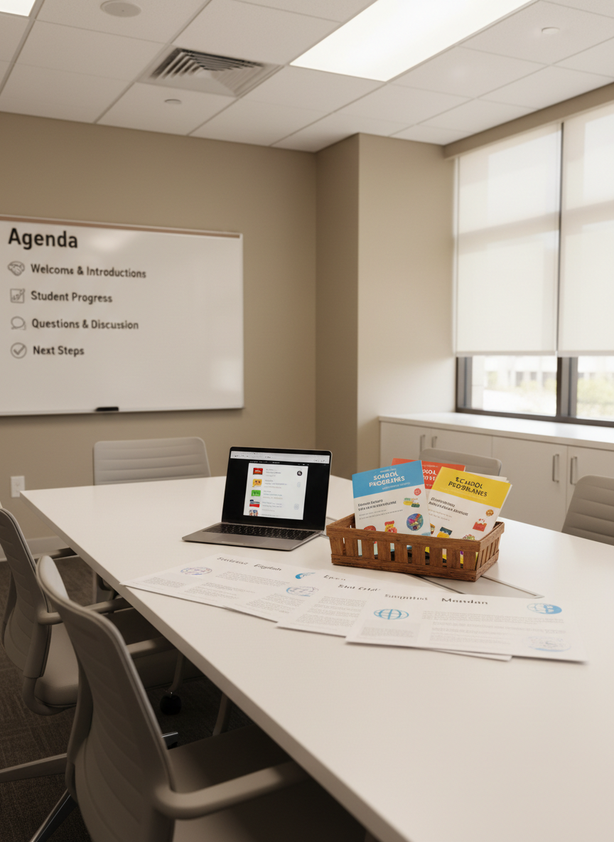 A modern school conference table set up for a family–teacher EL meeting, with translated handouts neatly arranged in multiple languages, a slim laptop open to a multilingual communication platform, and a small basket of dual-language brochures about school programs. Nearby, a whiteboard displays a clearly printed agenda with simple, jargon-free headings and icons. The room is lit by soft overhead LED panels and filtered daylight from side windows, creating a balanced, neutral illumination and minimal glare on the table’s smooth surface. Photographic realism from an eye-level, slightly diagonal perspective, with sharp focus on the materials and a gently blurred background of neutral walls and storage cabinets. The mood is respectful, inclusive, and professional, highlighting tools that help schools communicate effectively with English learner families.