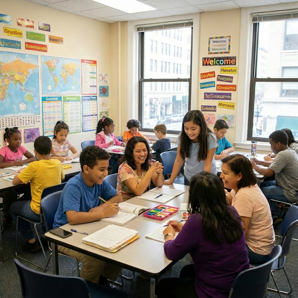 Adult students and a teacher collaborating at tables in a brightly lit, decorated classroom.