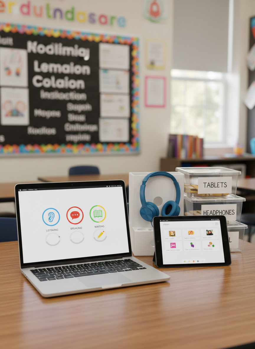 A well-organized EL teacher technology station featuring a laptop on a classroom table displaying a colorful language-learning dashboard with icons for listening, speaking, reading, and writing. Beside the laptop are a tablet open to a digital vocabulary activity and a small caddy with headphones and labeled device bins. The background hints at a classroom with a word wall and student work. The atmosphere is modern, student-centered, and focused on digital tools for English learners.