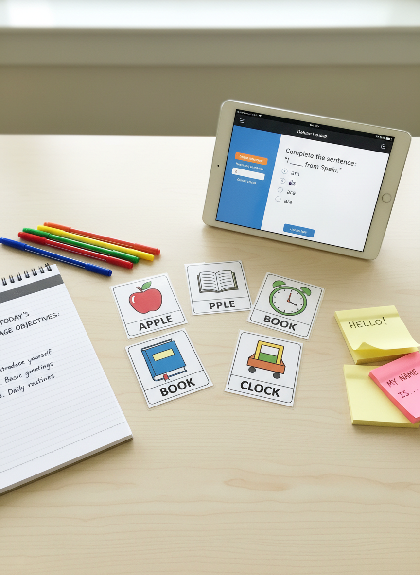 A close-up, overhead view of neatly arranged adult ESL classroom materials on a table: laminated vocabulary cards with simple images and words, a spiral notebook open to language objectives, colorful pens, sticky notes, and a tablet showing a basic English practice activity. Bright, soft lighting and clean background, photographic realism, professional and organized feel.