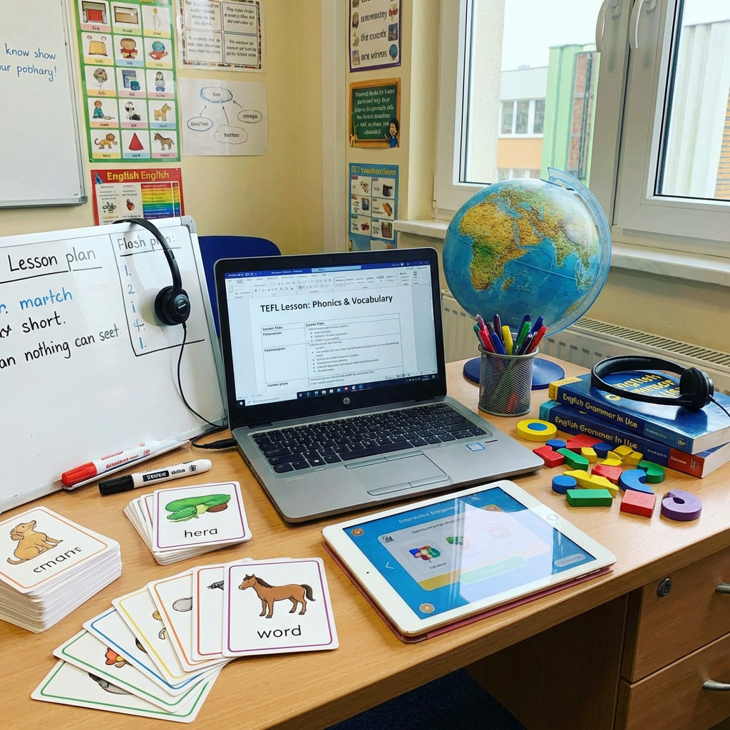 Educational desk setup with a laptop, tablet, and flashcards for teaching English.